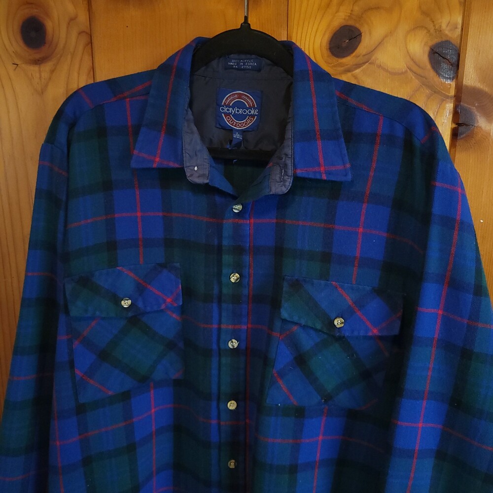Vintage Claybrooke Large Blue Acrylic Dress Shirt Plaid Pattern Long Sleeve